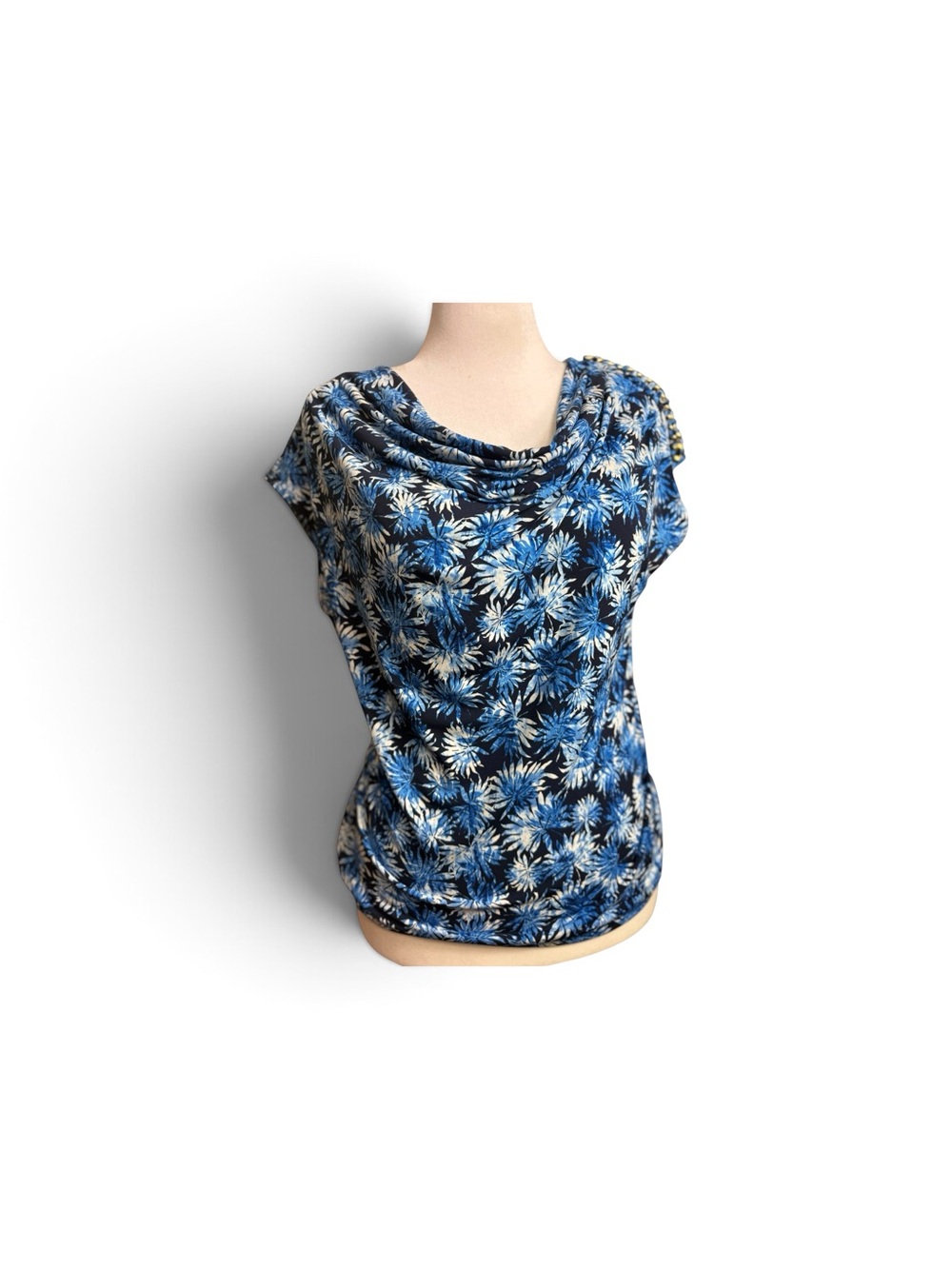 Michael Kors Blue and White Floral Blouse with accent on shoulder size medium